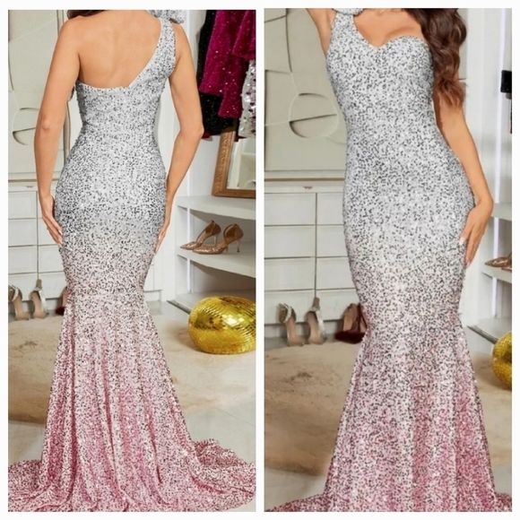 White, Assymmetrical Neck,  Sleeveless,Strapless,Gradient Sequined Merma… - Picture 3 of 16